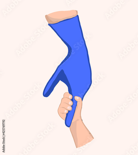 Hand of baby that holding midwife's finger. Gloved midwife hand, doctor hand