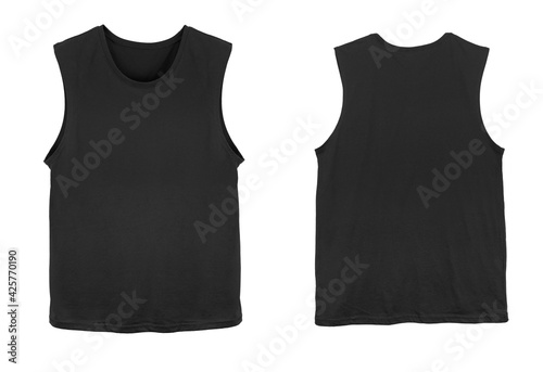 Blank muscle jersey tank top color black front and back view on white background 