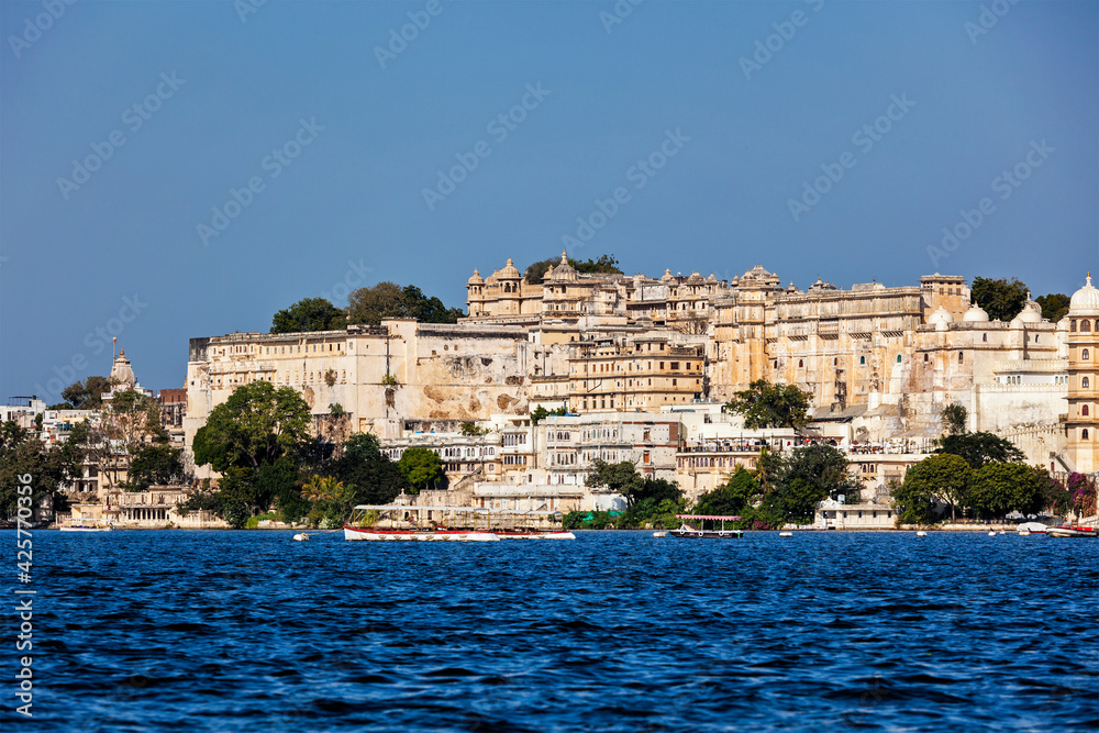 City Palace view from the lake. Udaipur, Rajasthan, India