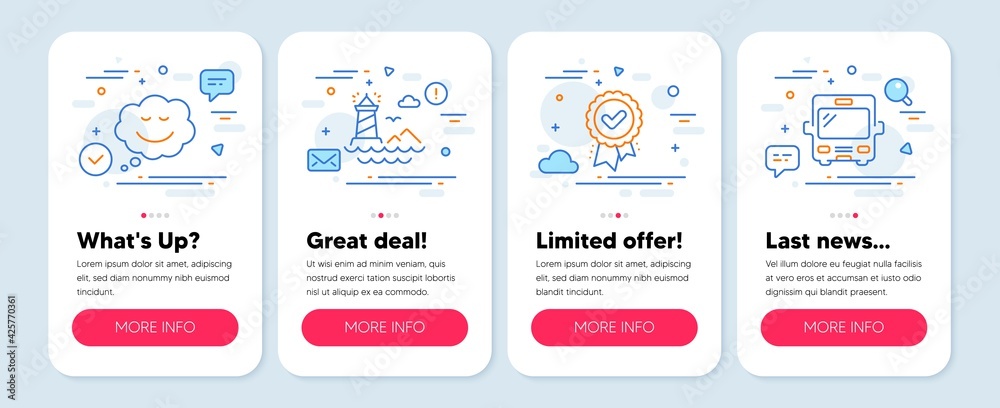 Set of line icons, such as Speech bubble, Approved award, Lighthouse symbols. Mobile screen app banners. Bus line icons. Comic chat, Verification, Navigation beacon. Tourism transport. Vector