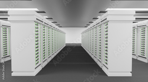 Network and internet communication technology concept, data center interior, server racks with telecommunication equipment in server room