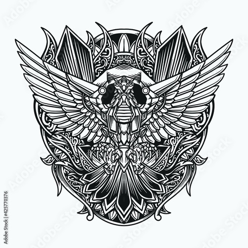 tattoo and t shirt design black and white hand drawn eagle robot engraving ornament
