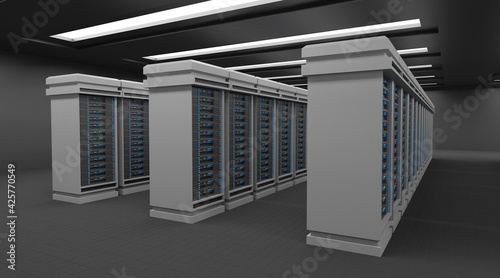 Network and internet communication technology concept, data center interior, server racks with telecommunication equipment in server room photo