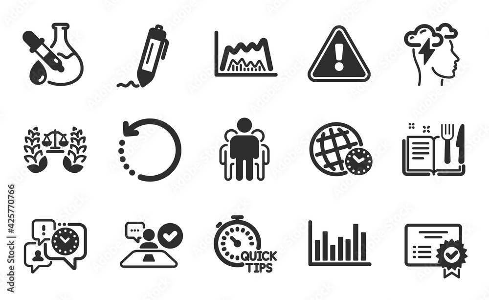 Time management, Job interview and Time zone icons simple set. Bar diagram, Signature and Quick tips signs. Recovery data, Mindfulness stress and Justice scales symbols. Flat icons set. Vector