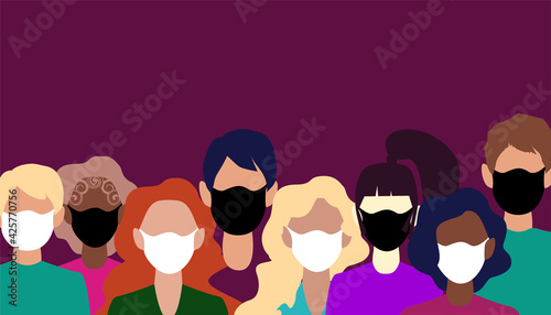 The coronavirus in China has spread to all continents. Novel coronavirus (2019-nCoV), people wearing white and black medical masks. Coronavirus quarantine concept. Vector graphics.