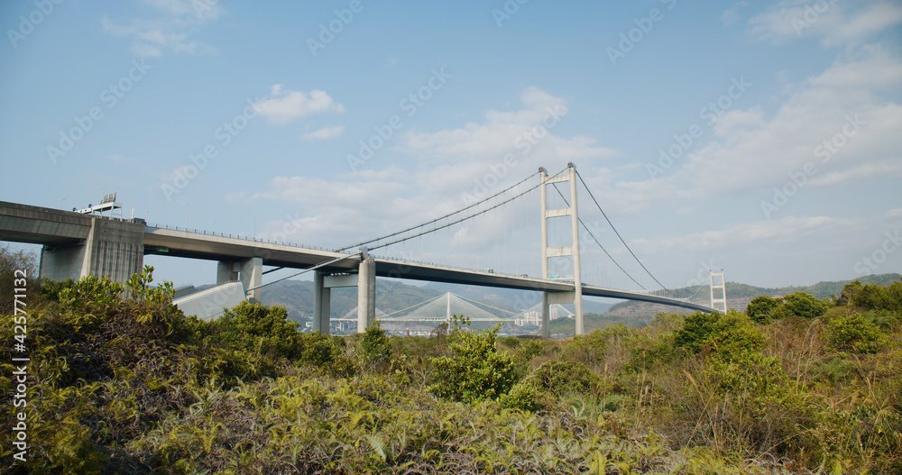 Tsing Ma Suspension bridge in Hong Kong city