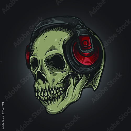 artwork illustration and t shirt design skull with headphone