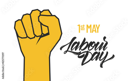 Vector clenched fist, Poster with lettering composition of Happy Labour Day 1st of May.