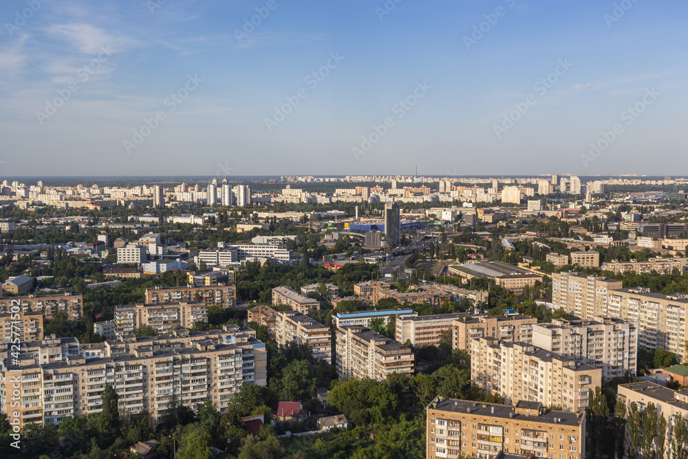 City Houses birds eye View. Urban housing development Ukraine. Modern and old architecture and design