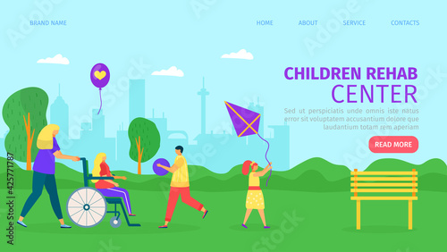 Children rehabilitation center, web page vector illustration. Nurse care about little kid patient character group, landing banner concept.