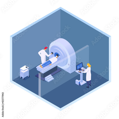 Computer tomography by scanner, scan test in hospital, vector illustration. Medical care in clinic, people doctor character make magnetic radiology