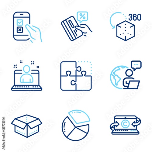 Technology icons set. Included icon as Open box, Copywriting notebook, Credit card signs. Augmented reality, Mobile survey, Best manager symbols. Pie chart, Puzzle line icons. Line icons set. Vector