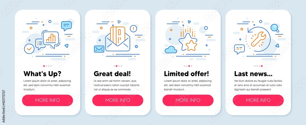 Set of Education icons, such as Graph chart, Credit card, Ranking stars symbols. Mobile screen mockup banners. Recovery tool line icons. Growth report, Mail, Winner award. Backup info. Vector