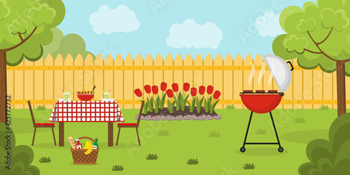 Lunch in the backyard with trees and flowerbed on summer day. Barbecue in the garden. Outside dinner in a countryside house. Vector illustration. Banner.
