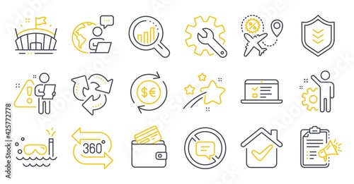 Set of Business icons, such as Employee, Shield, Arena symbols. Scuba diving, Recycle, Debit card signs. Web lectures, Flight sale, 360 degree. Customisation, Megaphone checklist. Vector