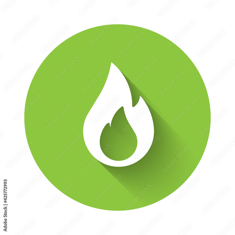 White Fire flame icon isolated with long shadow. Green circle button. Vector White Fire flame icon isolated with long shadow. Green circle button. Vector