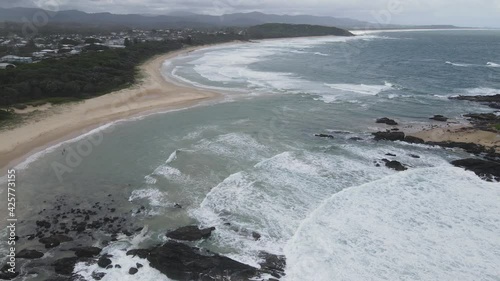 White Foamy Waves At Sawtell Beach On A Gloomy Day - Sawtell Coastal Village Near Coffs Harbour, NSW, Australia. - aerial photo