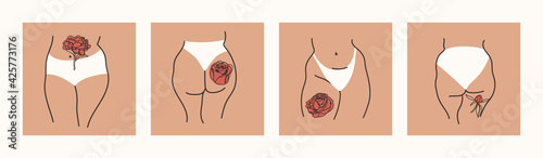 Plus size female silhouette. Fat models in various positions in panties. Beautiful bodies showing body positive. Bodies with drawings or tattoos of flowers - roses, peonies. Outline vector EPS 10.