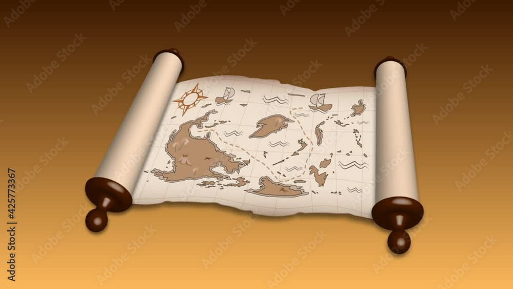 animated  ancient scroll with pirate map in cartoon style. Children games, treasure hunt. Old map with treasure hunt route. Looped video