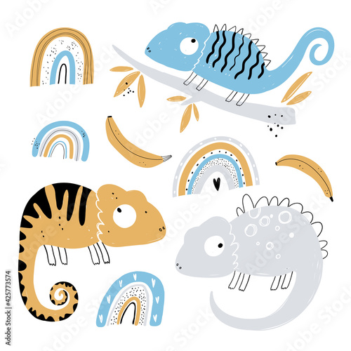 Vector hand-drawn colored childish set with chameleons in scandinavian style on a white background. Cute baby animals. Lizard. Greeting card design. Trendy scandinavian print.
