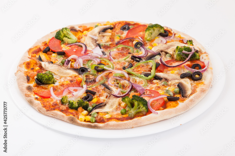 Delicious vegetable pizza with cheese.