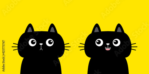 Cat set. Black kitten kitty silhouette icon. Cute kawaii cartoon character. Sad happy face. Happy Valentines Day. Baby greeting card tshirt notebook cover print. Yellow background. Flat design.