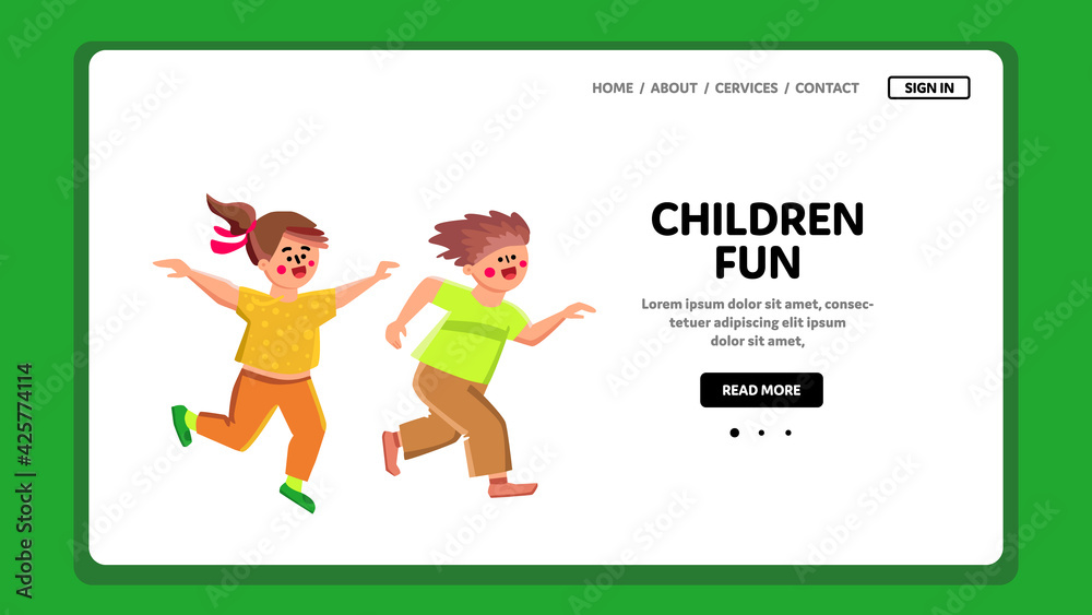 Children Fun Boy And Girl Playing Together Vector. Brother And Sister Children Fun Time, Play And Running On Playground. Characters Kids Friends Enjoying Activity Web Flat Cartoon Illustration Children Fun Boy And Girl Playing Together Vector. Brother And Sister Children Fun Time, Play And Running On Playground. Characters Kids Friends Enjoying Activity Web Flat Cartoon Illustration