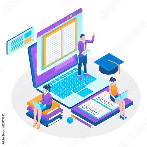 Student learning for diploma at the class with books. Course, class work for diploma test learning, academy student on online device working on test. Diplomas for students academy education. Vector. © Dominico