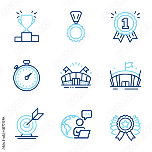 Sports icons set. Included icon as Reward, Winner ribbon, Target goal signs. Medal, Winner podium, Timer symbols. Arena, Sports arena line icons. First place, Best award. Line icons set. Vector
