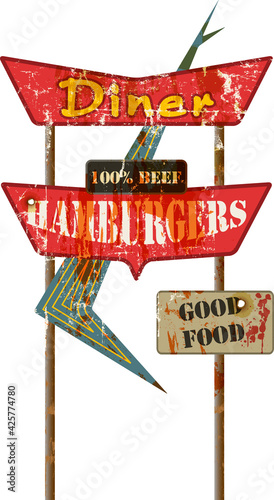 Vintage grungy diner and hamburger advertisement sign, retro style vector illustration