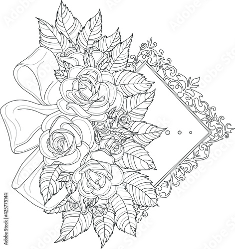 Realistic rose flower bouquet with bow on vintage frame sketch clipart template. Vector illustration in black and white for games, background, pattern, decor. Coloring paper, page, story book, print