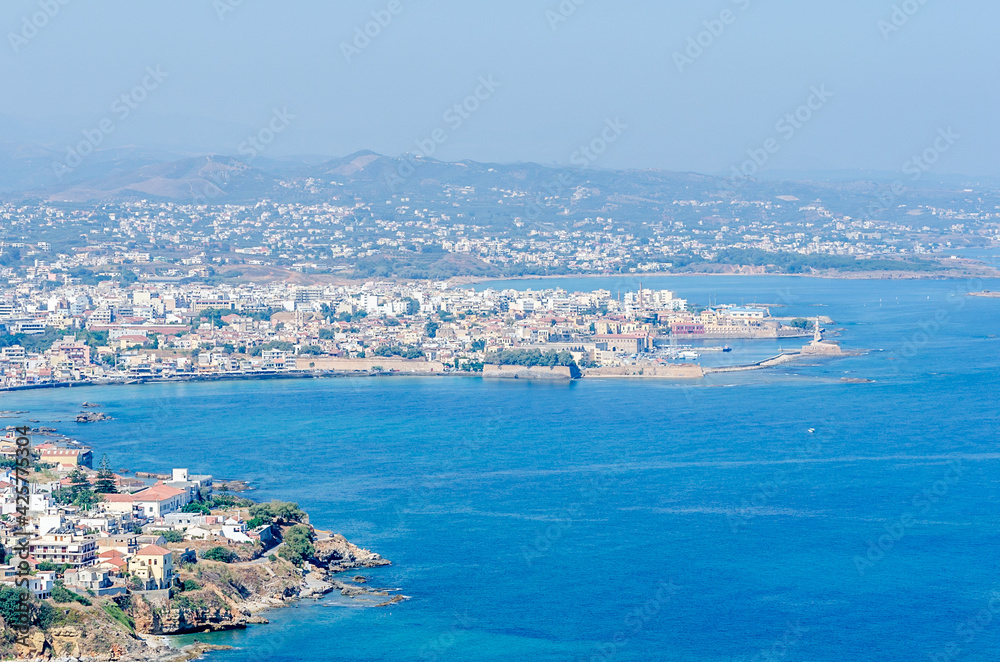 Aerial Panoramic View of Chania City in Crete Island, Greece at Summer Season. Old Town Buildings and Venetian Port Located By the Sea.