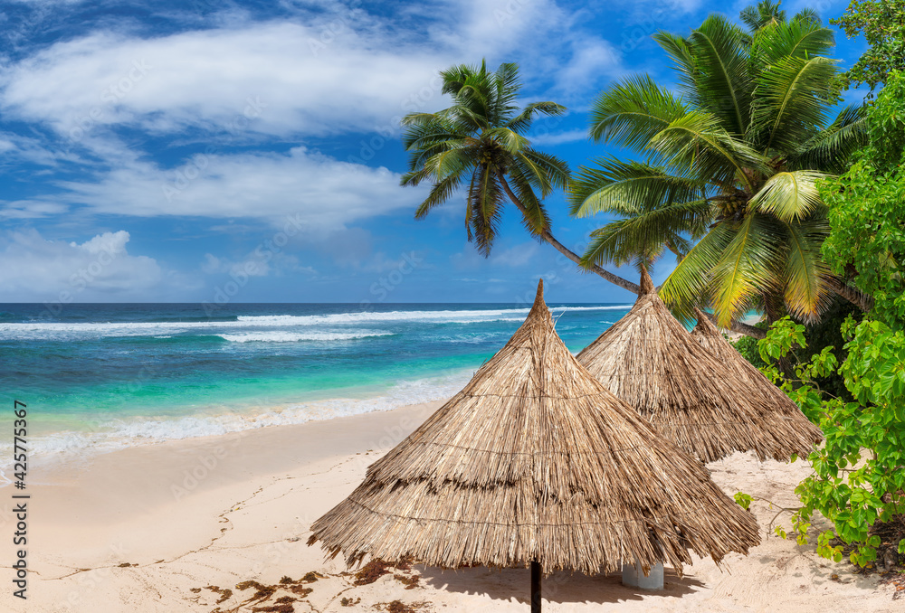 Tropical Paradise beach. Parasols in Sunny beach with palm and turquoise sea in exotic island. Summer vacation and tropical beach concept. Tropical Paradise beach. Parasols in Sunny beach with palm and turquoise sea in exotic island. Summer vacation and tropical beach concept.