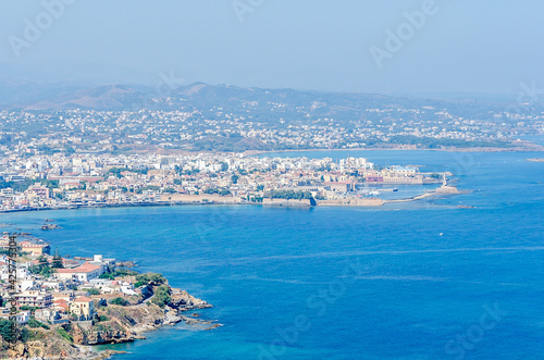 Aerial Panoramic View of Chania City in Crete Island, Greece at Summer Season. Old Town Buildings and Venetian Port Located By the Sea.