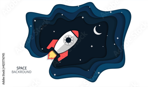 Papercut background with spaceship with stars and moon