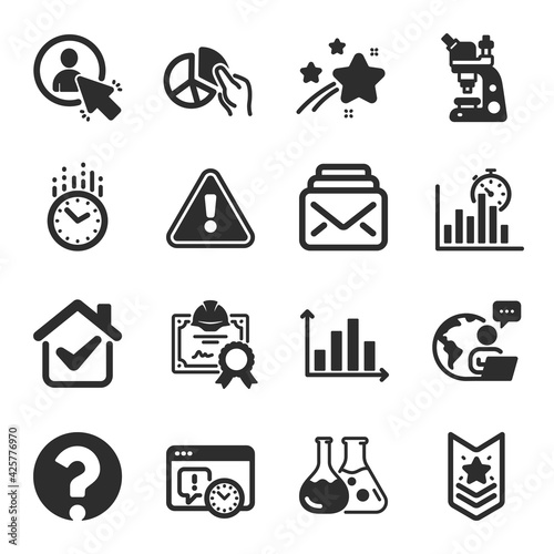 Set of Education icons, such as Project deadline, Report timer, Certificate symbols. Microscope, User, Chemistry lab signs. Pie chart, Question mark, Time. Shoulder strap, Mail flat icons. Vector
