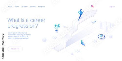 Career growth with young woman running to goal flag. Success or successful job development with businesswoman. Isometric vector illustration. Web banner layout template.