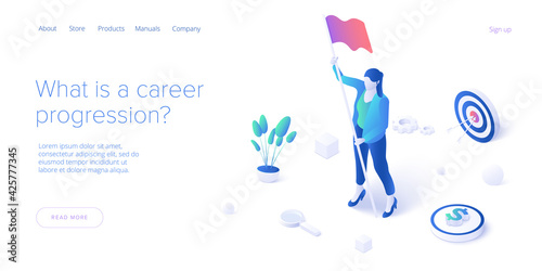 Career growth with young woman holding goal flag. Success or successful job development with businesswoman. Isometric vector illustration. Web banner layout template.