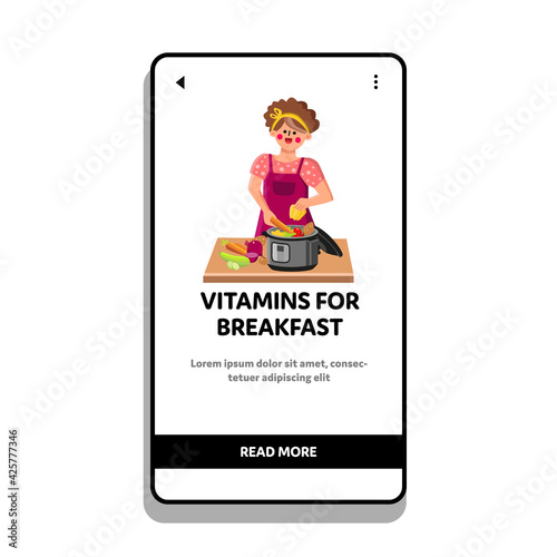 Vitamins For Breakfast Preparing Cooker Vector. Young Woman Chef Prepare Vitamins For Breakfast, Delicious Ingredient For Healthy Dish. Character Cooking Delicacy Meal Web Flat Cartoon Illustration