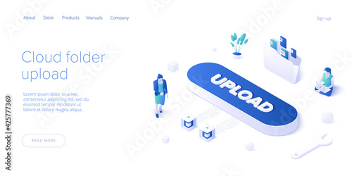 Young woman using cloud folder service in isometric vector illustration. Girl uploading documents in digital storage. Data transfering application. Web banner template.