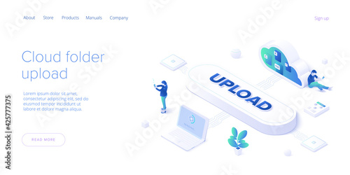 Young woman using cloud folder service in isometric vector illustration. Girl uploading documents in digital storage. Data transfering application. Web banner template.