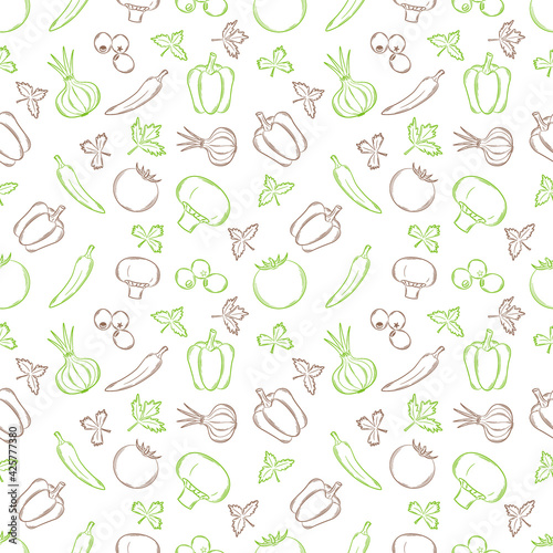 Seamless pattern with vegetables in a linear, hand-drawn style. Summer vegetables. Outline elements. Vector illustration in a flat style. Two-color pattern isolated on a white background.