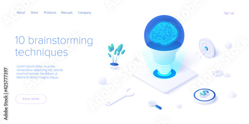 Brainstorming session concept in isometric vector illustration. Brain storm or strategic thinking as business research. Web banner template.
