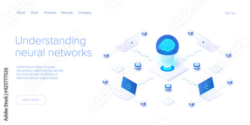 Artificial intelligence or neural network concept in isometric vector illustration. Neuronet or ai technology background with robot and human female. Web banner layout template.