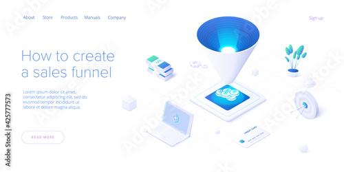 Sales funnel concept in isometric vector illustration. Customer conversion stages as marketing tool. Business strategy filter. Web banner layout template.