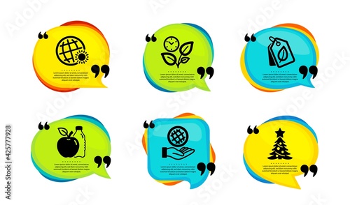 Bio tags, Leaves and Apple icons simple set. Speech bubble with quotes. World weather, Safe planet and Christmas tree signs. Leaf, Grow plant, Diet food. Sunny, Ecology, Spruce. Nature set. Vector