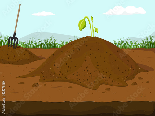 Dirt Piles. Hummus peat soil with growing plant flowers sprouts, sprigs, stones.