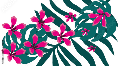 Tropical background with exotic nature. The rich green leaves of monstera and palm trees are strewn with delicate tropical flowers. Vector dimensionless graphics.