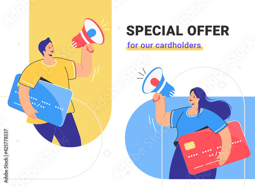 Special offer for cardholders and banking cashback for online shopping. Flat vector illustration of man and woman holding a big credit cards and shouting with megaphone. Users notification and alert