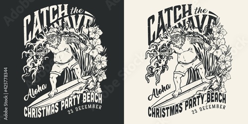 Christmas surfing vintage monochrome label